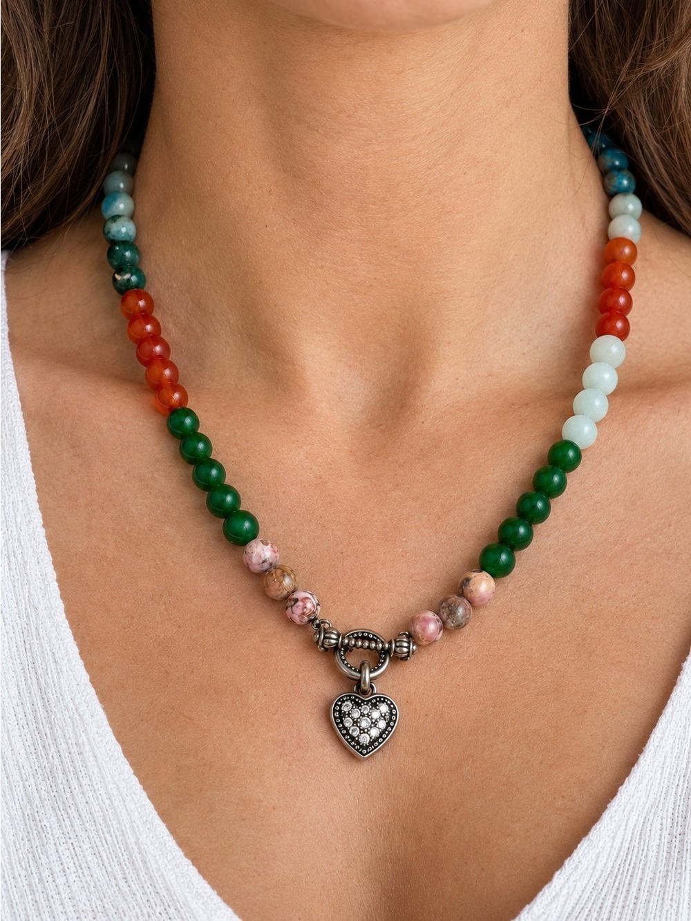 Handmade Gemstone Necklace Rhodonite Emerald and Moss Agate Aquamarine Carnelian